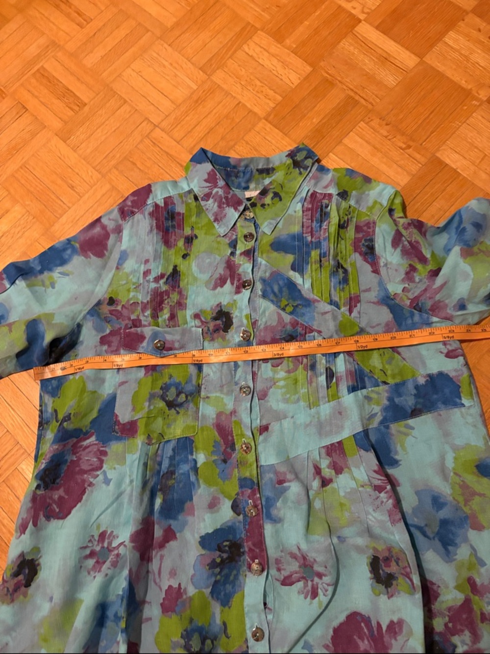 Click Floral Button-Up Sheer Blouse in Aqua, Blue, Green & Magenta - Picture 2 of 10